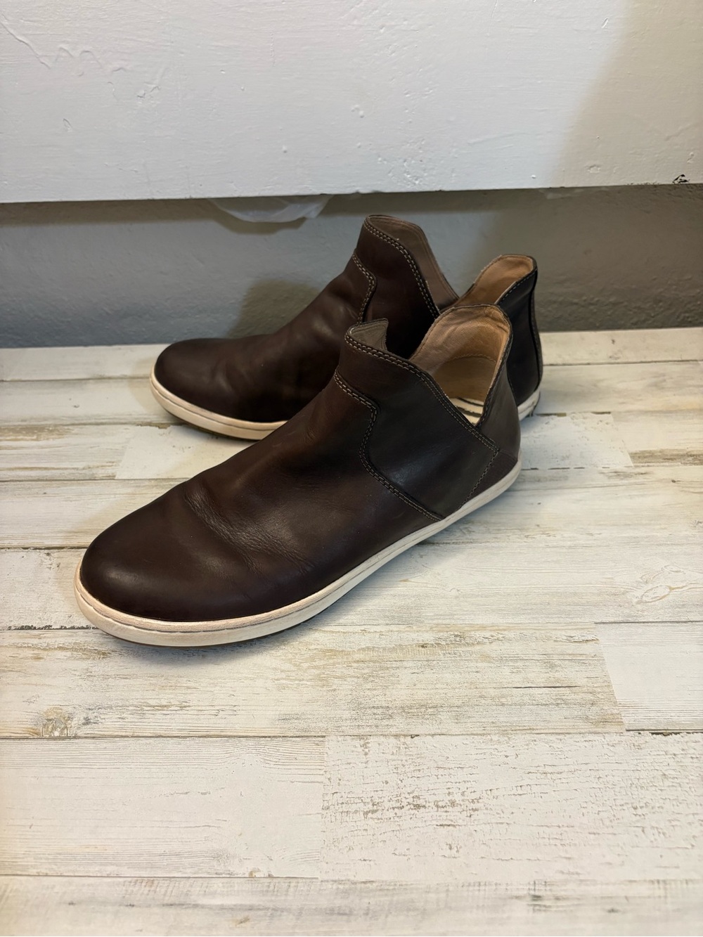 Taos Footwear Dark Brown Leather Ankle Booties with White Sole